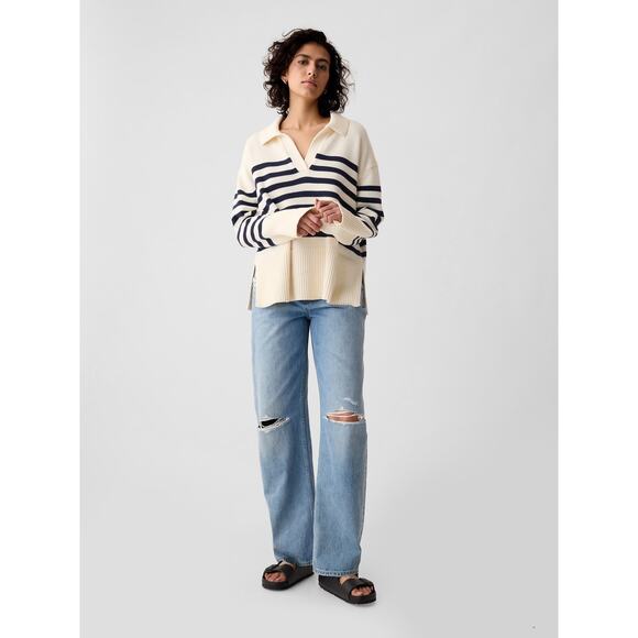 Gap 247 Split-hem Polo Sweater White Navy Stripe - XS - Picture 5 of 8